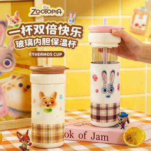 迪士尼疯狂动物城朱迪尼克玻璃内胆保温杯316颜值吸管水杯530ml