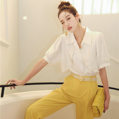 夏款假两件上衣~韩范白色刺绣短袖衬衫8860