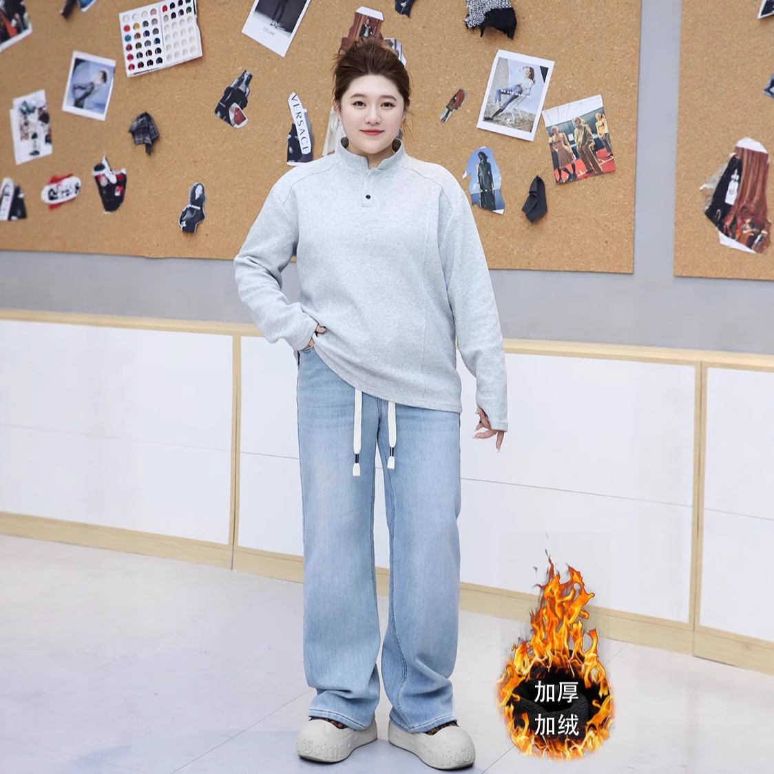 300斤特大码女加绒直筒牛仔裤