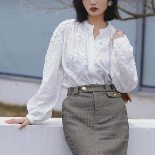 OS26秋冬新款花朵刺绣衬衫无领系扣设计感女式衬衫 PA0954744024