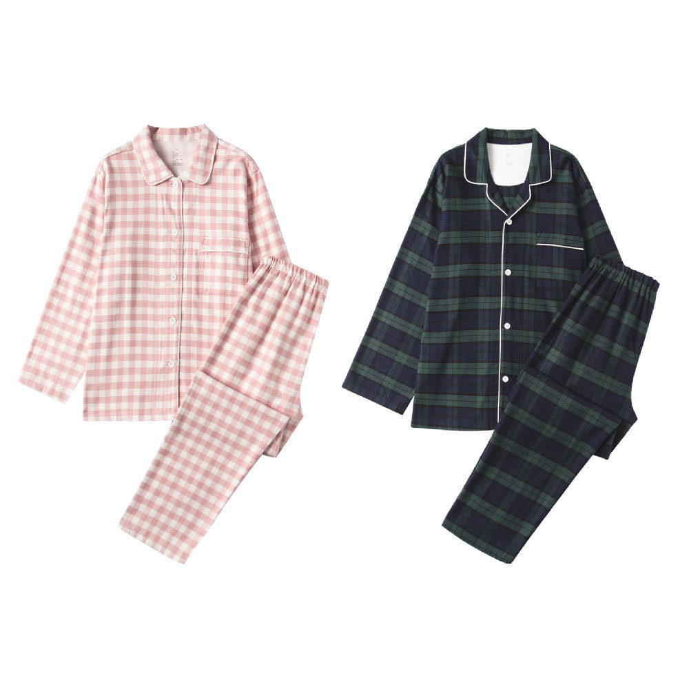无印良品新款棉法兰绒无睡衣家居服套装良品秋冬磨毛棉绒情侣加厚