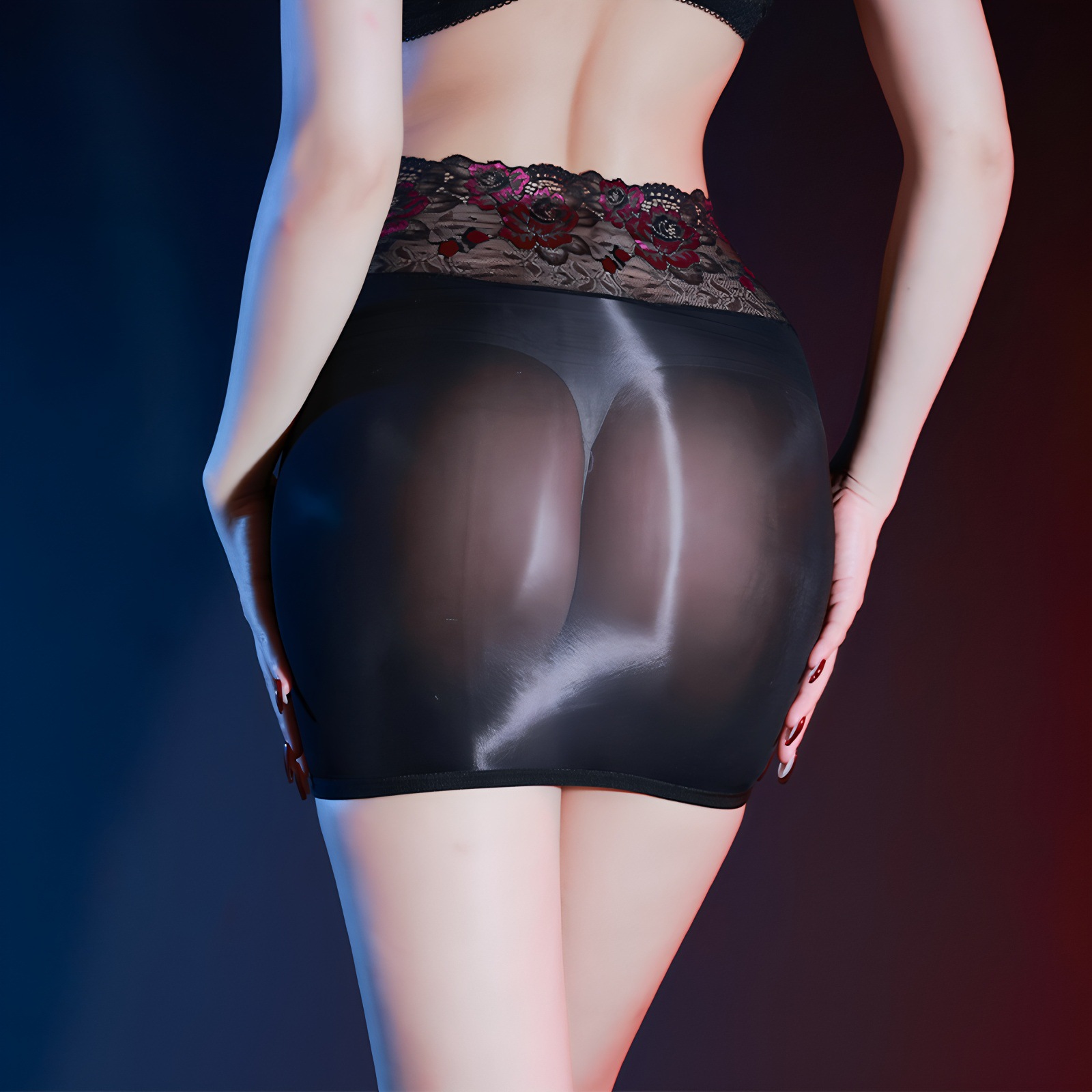 全透明油亮伪娘ts变装包臀短裙性感男娘透视黑丝女装大佬丝袜裙子