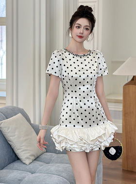 2025夏季新款女装复古气质镶钻圆领设计感荷叶边波点连衣裙65387