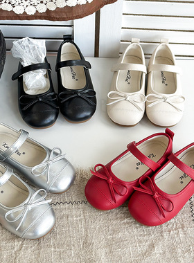 2025春秋新款儿童银色皮鞋女童蝴蝶结公主鞋女孩洋气红色浅口单鞋