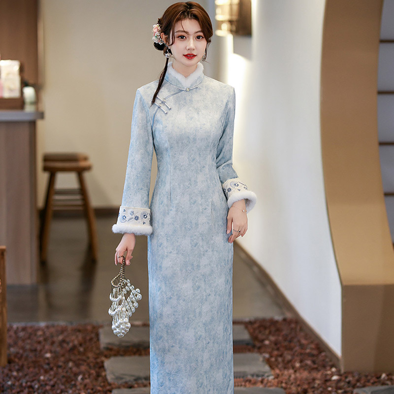 蓝色加绒国风苏州长袖改良旗袍冬季厚款女新中式2025新款复古秋冬