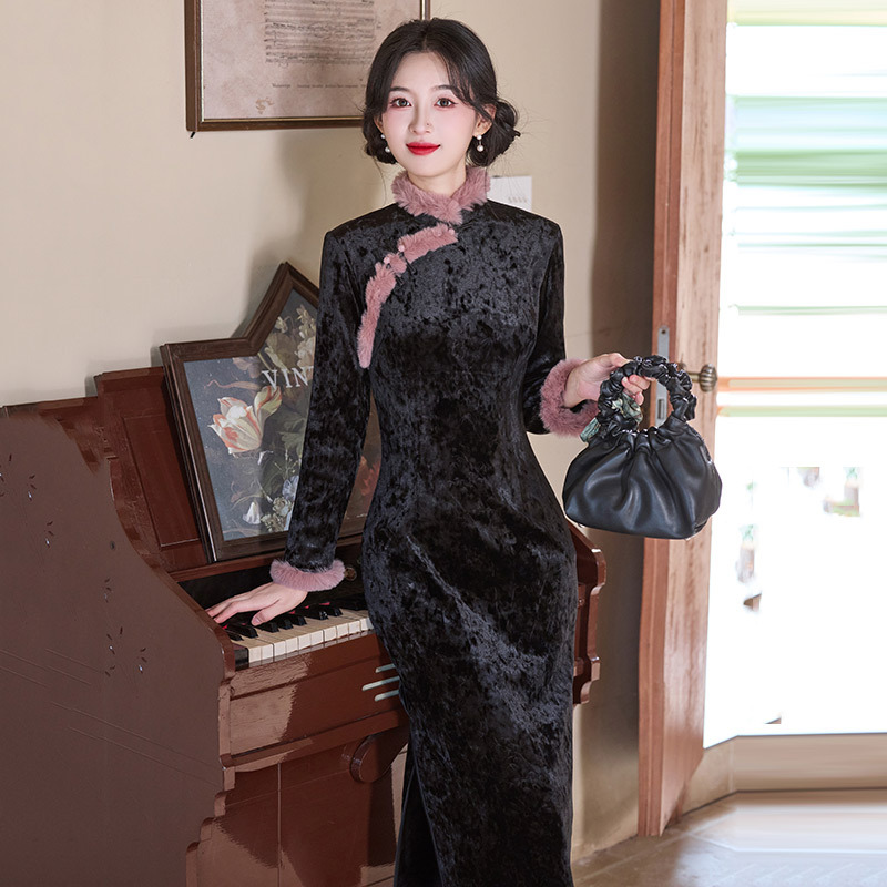 黑色加绒国风苏州长袖改良旗袍冬季厚款女新中式2025新款复古秋冬