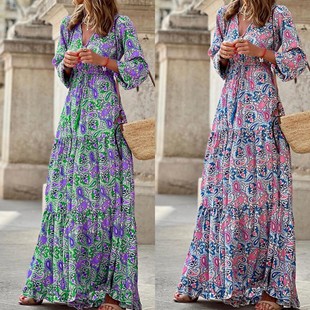 Long Floral v领波西米亚连衣裙夏季 Women Sleeve Dress长袖 Boho