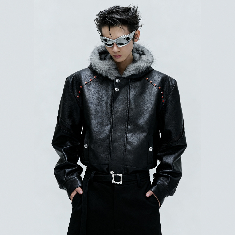 美式连帽座山雕pu皮棉衣外套款冬季加绒加厚保暖仿狼王毛领棉服