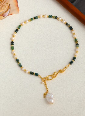 【巴洛克】夏季绿色天然石碧玉彩色串珠多巴胺珍珠项链女吊坠蛇锁