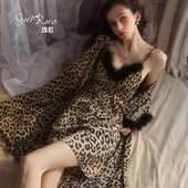 纯欲豹纹风缎面印花毛绒拼接深V诱惑收腰睡裙外袍家居服