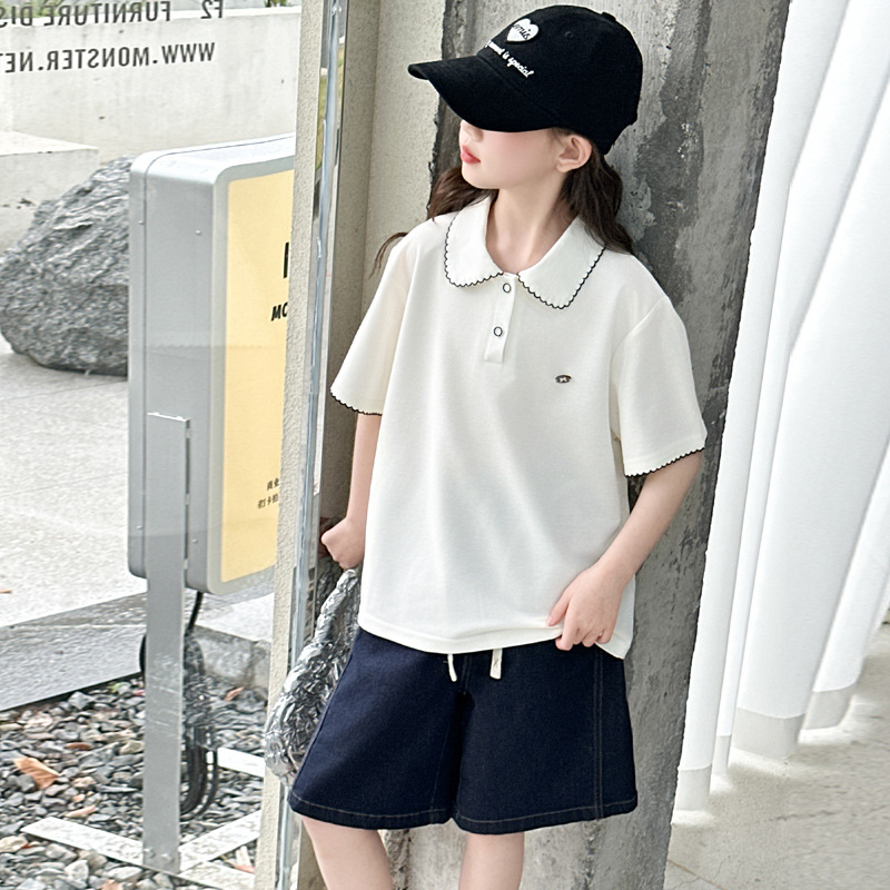 女童夏季T恤2025新款初中生女孩polo领上衣夏女大童休闲百搭短袖，童装休闲套装，祺妙童装