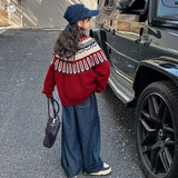 女童加厚毛衣2025年秋冬新款复古提花针织衫中大童撞色打底衫春秋，童装毛衣，祺儿童装