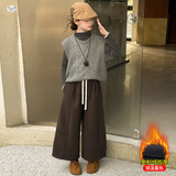 女童加绒加厚呢子裤2025年秋冬新款格子阔腿裤中大儿童直筒九分裤，童装裤子，祺儿童装