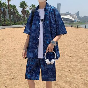 短袖 衬衫 潮流韩版 休闲套装 两件套新款 潮牌夏季 帅气情侣短裤 时尚