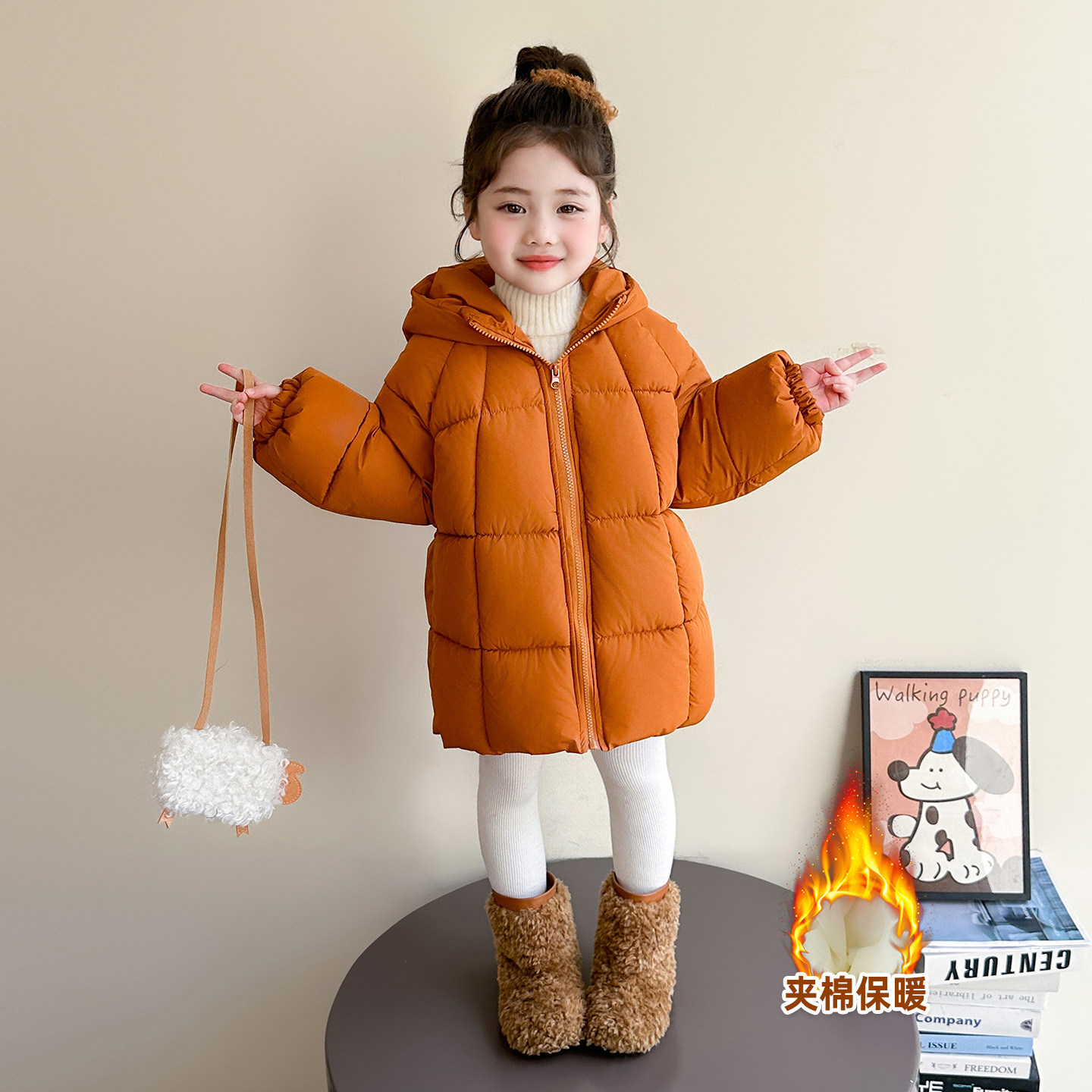 女童纯色棉服冬装2025新款韩版儿童加绒加厚外套炸街冬季棉衣P104，童装棉衣，祺妙童装