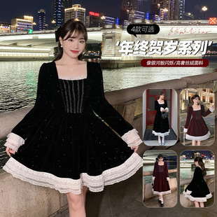 圣诞连衣裙冬大码复古蕾丝拼接丝绒长短款收腰显瘦年会战袍