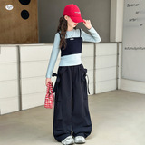 女童休闲套装2025秋季新款假两件打底衫蝴蝶结工装裤两件套中大童，商品下架区，祺儿童装