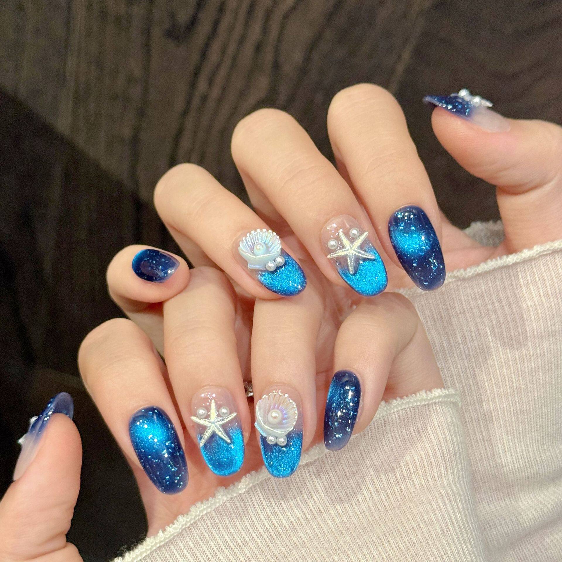 蓝调海星美甲贴片 海洋风纯手工穿戴甲