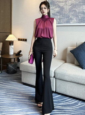 黑色腰裤子女夏季2025新款女装显瘦修身休闲微喇叭长裤91640