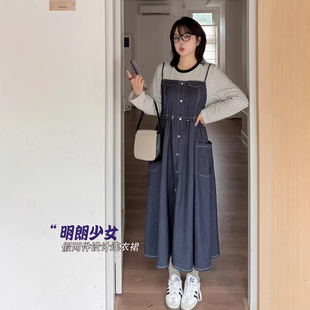 大码女装韩版气质假两件连衣裙休闲学院派仿牛仔微胖mm大码连衣裙