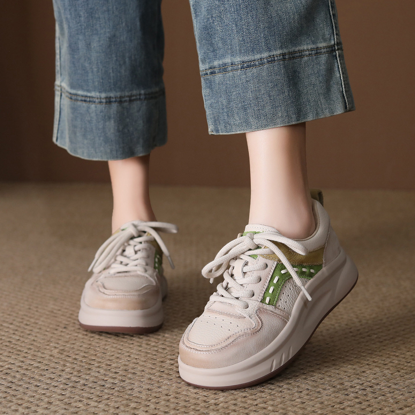 头层牛皮板鞋女2026春季新款厚底圆头时尚系带百搭增高运动休闲鞋,女鞋,时尚休闲鞋,淘宝优惠券,粉丝福利购,淘宝优惠卷
