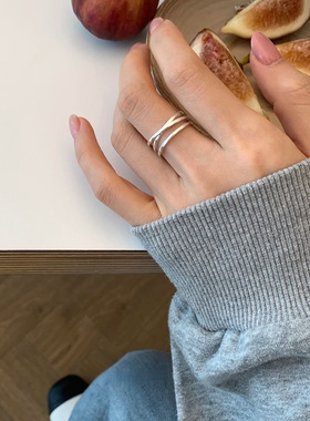 YIN银次元ins小众设计感925纯银交叉镂空戒指时尚个性指戒可调节