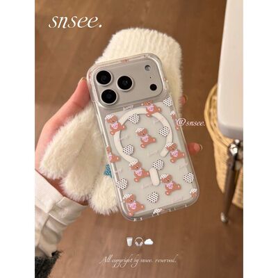 Cute cartoon heart bear Magnetic clear case适用iphone 11 12 13 14 15 16 plus 17 pro max