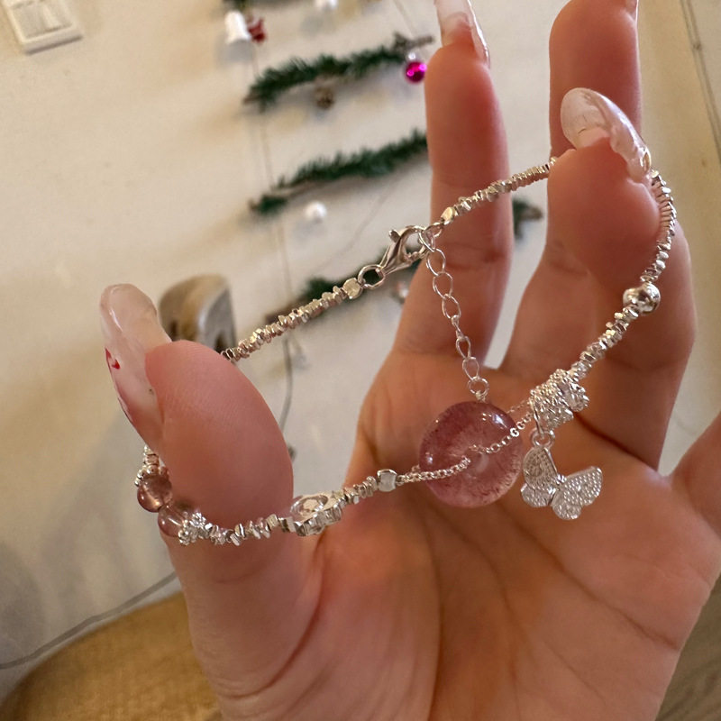 纯银925手链碎银子草莓晶平安扣蝴蝶手链 足银手串手饰