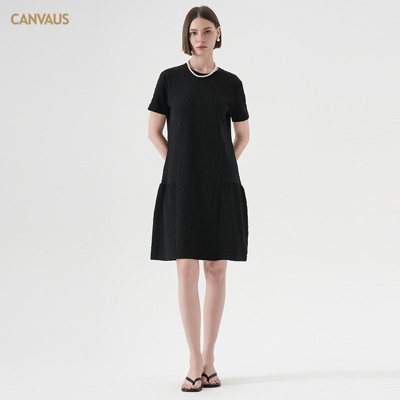 CANVAUS女装新款短袖圆领黑色女春夏季宽松褶皱中腰显瘦连衣裙