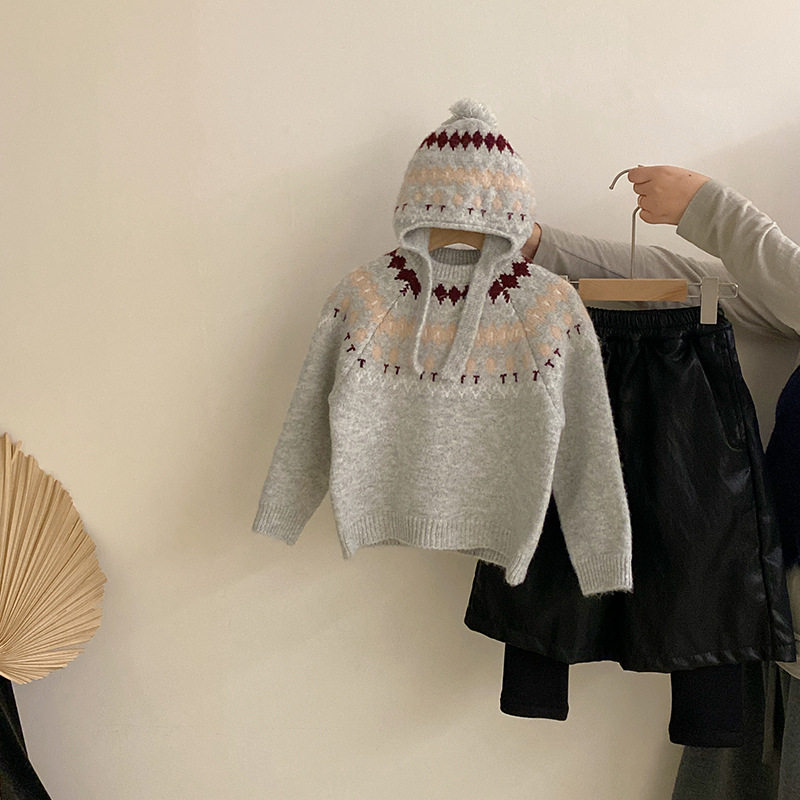 女童2025秋冬新款韩版女圆领针织毛衣假两件加绒皮裤两件套潮