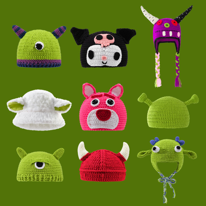 痞幼同款帽怪物史莱克卡通帽子可爱保暖套头冷帽创意搞怪绿色女冬