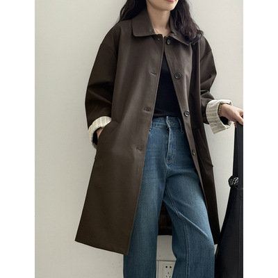 日系翻领茧型风衣女中长款英伦风