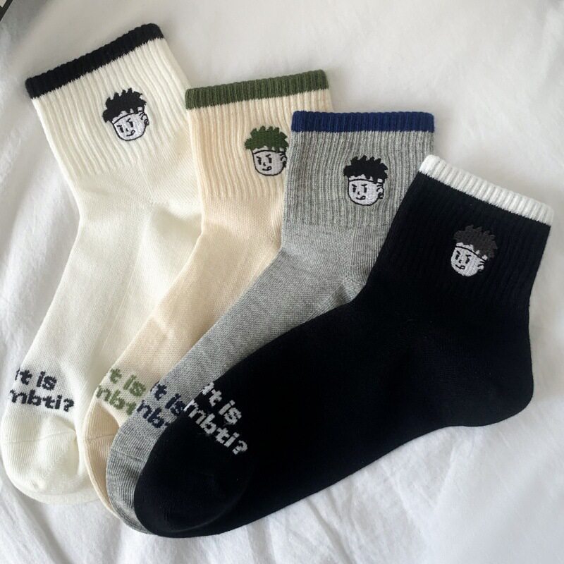 2025春夏袜子卡通刺绣漫画头黑白灰运动袜潮流百搭吸汗棉短筒袜