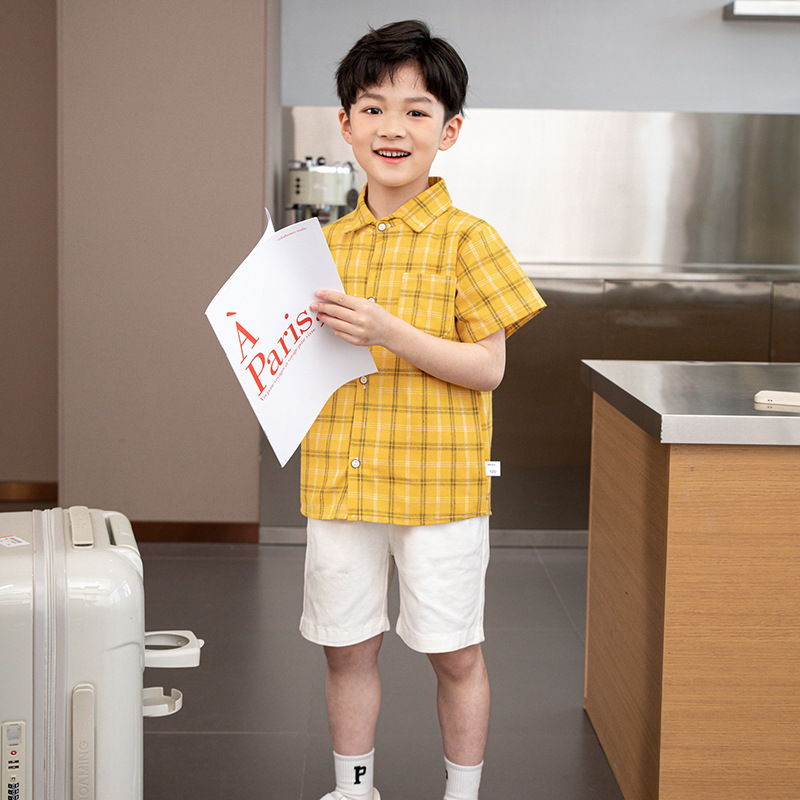 夏季新款儿童格子短袖衬衣