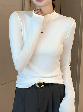 H535新款女装长袖T恤莫尔打底衫纯色秋衣半领圆领小立领上衣