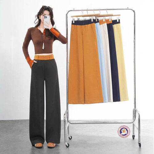 自信鹅休闲阔腿中腰撞色长裤