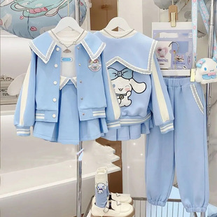 女童套装秋冬装2025新款儿童棒球服外套百褶裙子长裤公主风两件套