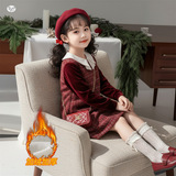 女童小香风连衣裙加绒2025年冬季新款中小儿童娃娃领公主裙新年服，童装连衣裙，祺儿童装