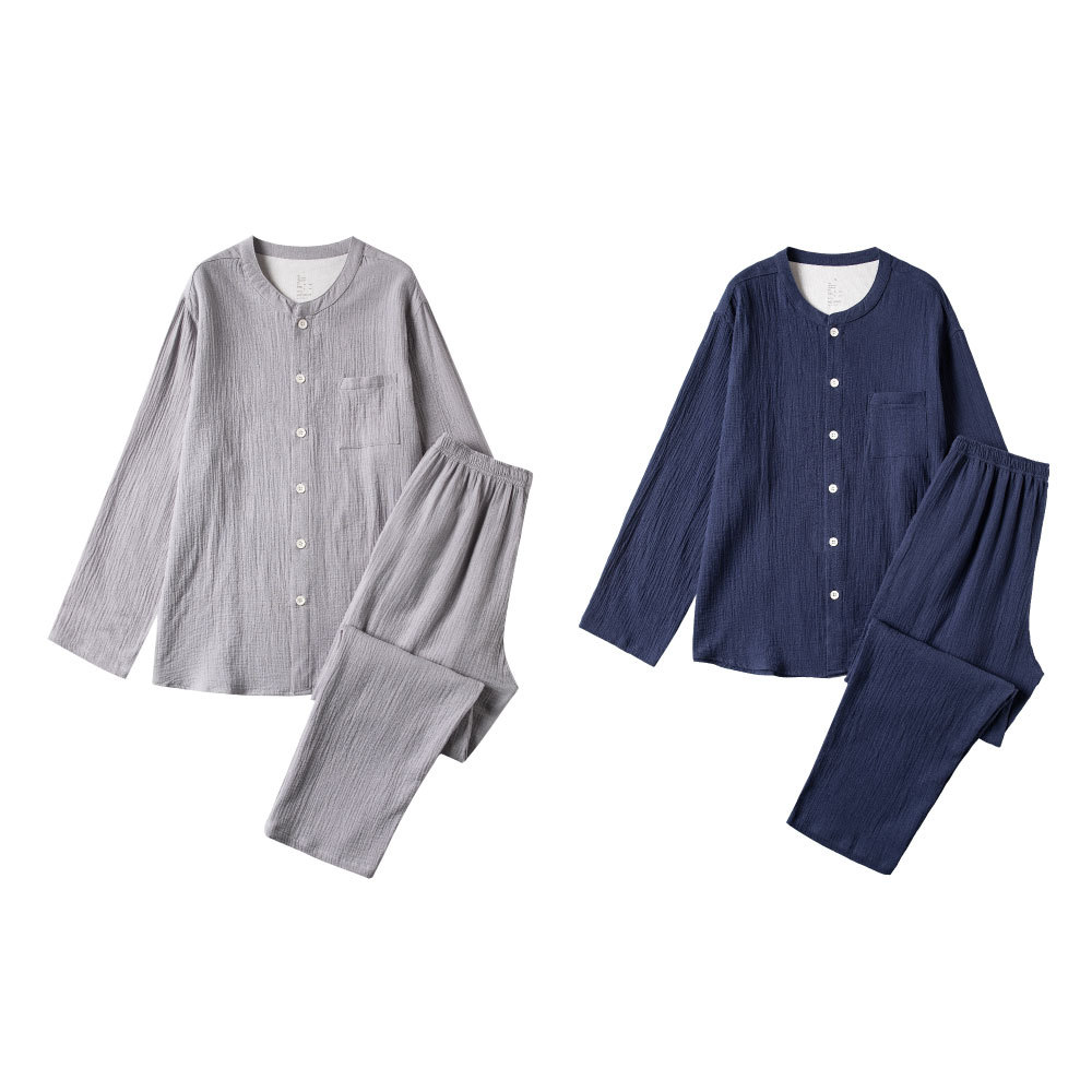 无印良品全棉双层纱绉纹睡衣立领纯色春夏新款情侣家居服日式