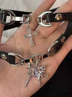 暗黑金属蝴蝶皮质项圈小众级设计感十字架挂件项链choker女饰品