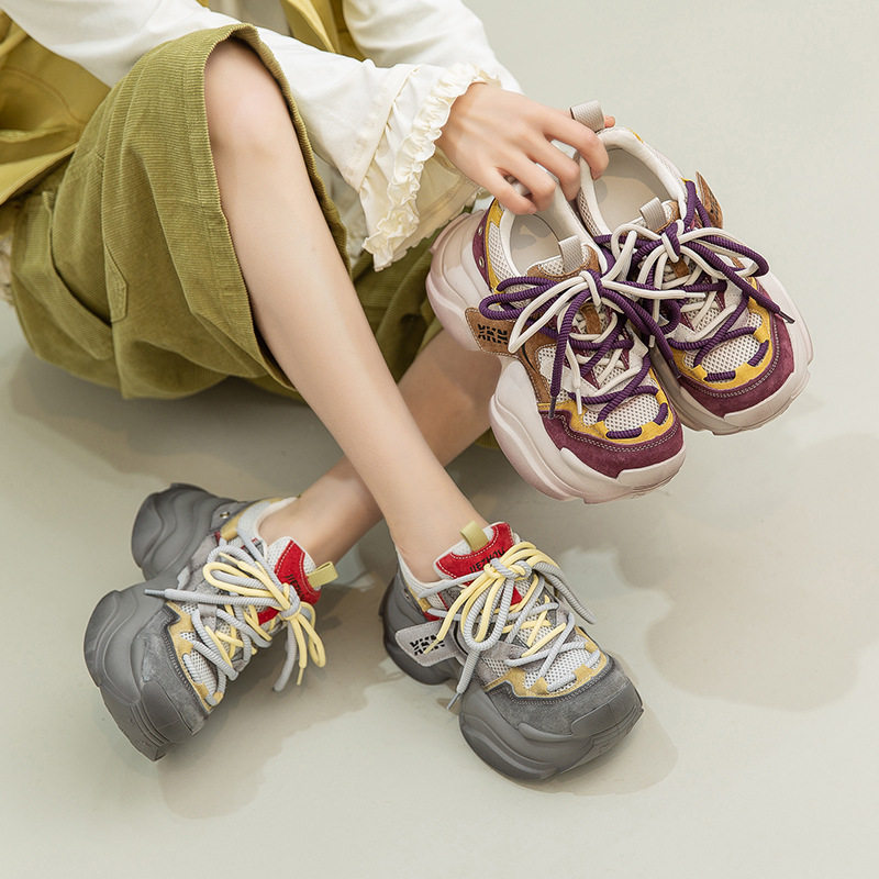 木森鸟26春季新款透气网面时尚休闲老爹鞋拼色松糕跟小众百搭女鞋