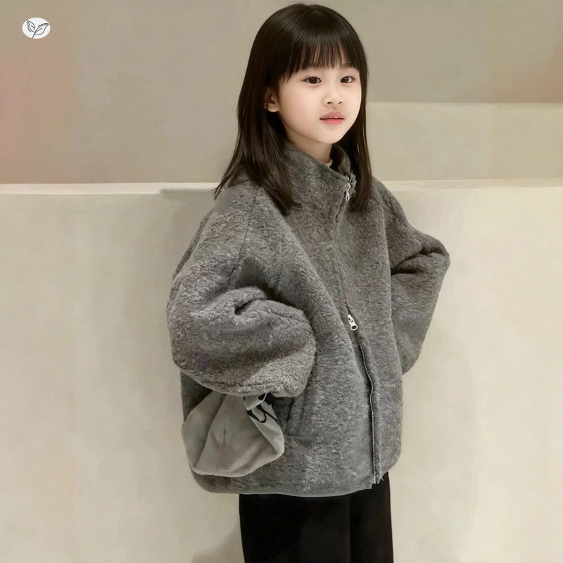 女童毛毛衣外套2025年秋冬新款中大童韩系夹克衫冬装外出立领上衣，童装外套，祺儿童装