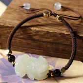 新疆和田玉貔貅手串情侣款 和田玉貔貅手链本命年红绳黑绳带证