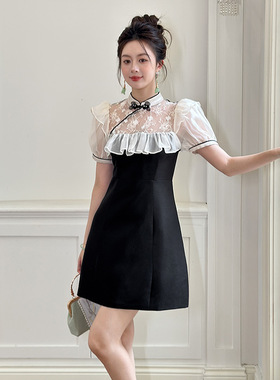 2025夏季新款女新中式改良旗袍立领设计感荷叶边收腰连衣裙15441