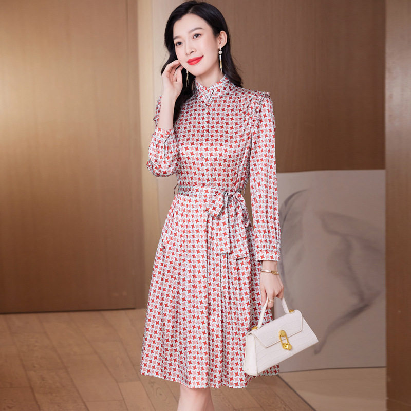 真丝连衣裙女长袖2023春装新款名媛淑女气质千鸟格桑蚕丝中长裙子