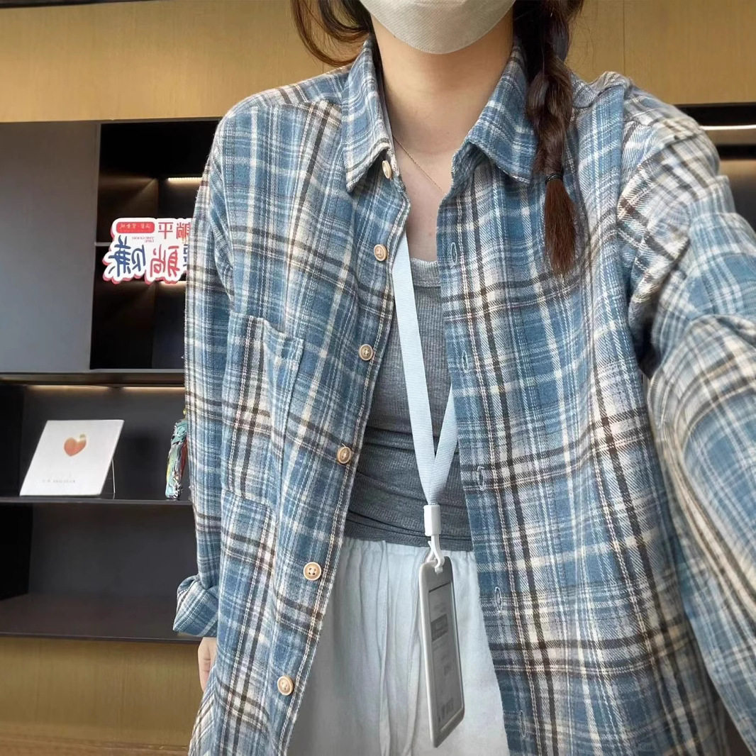 法式蓝色格子棉质长袖衬衫外套女衬衫