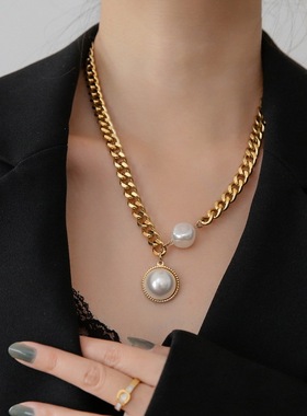夸张金色粗链大珍珠项链  欧美潮人网红时尚设计感脖子饰品锁骨链