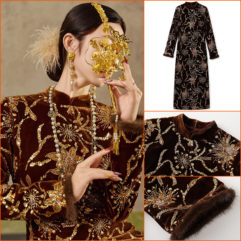 秋冬新款气质旗袍改良连衣裙国风刺绣钉珠水貂毛显瘦长裙女