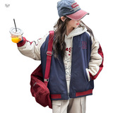 女童夹棉加厚棉衣2025年秋冬新款中大童刺绣棒球服外套撞色夹克衫，童装外套，祺儿童装