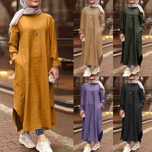 Women's Muslim long sleeved shirt A-line dress casual robe